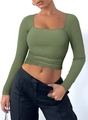 Army green square neck long sleeve crop top with elegant lace hem and ribbed fabric finish - S / Green