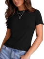 Slim fit black ribbed short sleeve T-shirt for women with stylish lettuce edge hem - Black