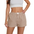 Nahaufnahme braun karierter High-Waist-Shorts mit elastischem Bund und Knopf-Detail - S / Unterteile / Gelb