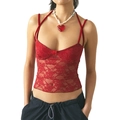 Rotes Spitzen-Camisole-Oberteil mit Samtträgern und Schleifendetail in Slim Fit - S / Rot