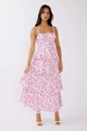 Detail of multi-layered floral maxi dress with pink blossoms on white fabric - S / Pink