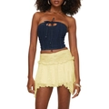 Close-up of the light yellow double-layered lace mini skirt with ruffled hem and texture - S / Bottoms / Yellow