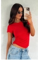 Slim fit women's red short sleeve T-shirt paired with high waisted washed denim jeans - Red