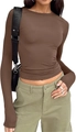 Slim fit long sleeve T-shirt for women in dark brown with a classic round neck - S / Tops / Brown