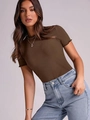 Slim fit women's ribbed T-shirt in brown featuring stylish lettuce edge short sleeves - Brown