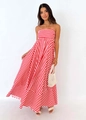 Detail of red and white striped summer maxi dress featuring thin straps and flowing hem - S / Red