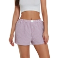 Detalle de los pantalones cortos de cuadros morados para mujer con cintura alta elástica - Púrpura