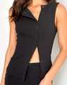 Detail of black ribbed knit sleeveless cardigan featuring front buttons and a slim fit cut - S / Black