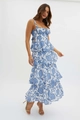 Detail of tiered skirt layers and vintage floral print on a blue and white summer dress - S / Dark Blue