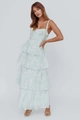 Detailed layered tiers of the floral mint green maxi dress with delicate fabric texture - S / Light Blue