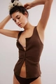 Detail showing dark brown ribbed knit top with lace trim and front button design - S / Chocolate