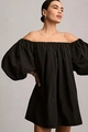 Detail of off-the-shoulder neckline and puffy sleeves on a black mini dress - S / Dresses / Black