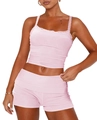 Dettaglio del canotta in maglia rosa con delicato pizzo sullo scollo e spalline - S / Rosa