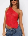Women's sexy red lace one-shoulder crop top with sheer floral texture and backless design - S / Red