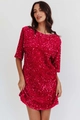 Fuchsia Paillettenkleid mit kurzen Ärmeln und elegantem Rückenausschnitt aus Samt - S / Rot
