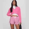 Damen-Shorts mit rosa Vichy-Karo, hoher Taille und passendem flauschigem Cardigan - S / Rosa Weiß Karo