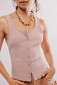 Close-up of ribbed mauve knit tank top featuring scalloped edges and button details - S / Pink