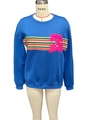Bright blue long-sleeved crewneck sweatshirt with colorful stripes and plush lettering - S / Blue