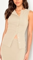 Women's chic ribbed knit two-piece set featuring a sleeveless button-up top and skirt in beige - S / Light Yellow