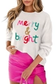 Dettaglio del ricamo colorato Merry & Bright su una felpa bianca da donna elegante - Taglia S / Top (FF152801) / Bianco