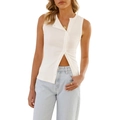 Women's sexy white ribbed sleeveless button-down vest with deep V-neck and slim fit cut - White