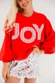 Detail of red crewneck sweatshirt with JOY letters and silver sequin skirt texture - S / Red Style (JOY) / Red