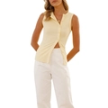 Slim fit light yellow sleeveless knit cardigan top with button front for women - Yellow