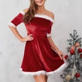 Abito natalizio in velluto rosso con spalle scoperte e bordo in finta pelliccia bianca - S / Rosso