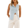 Sleeveless light blue ribbed knit top for women with button-down collar and slit hem - Light Blue