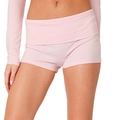 Détail du short de yoga rose côtelé à taille haute avec une ceinture repliée - Rose