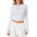 Slim fit white long sleeve crop top for women featuring thumb hole cuffs and crew neck - White