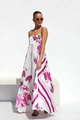 Damen Sommer-Maxikleid in Weiß mit lila Blumendruck und schmalen Trägern für den Urlaub - S / Lila