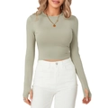Slim fit light green ribbed knit long sleeve top with thumb holes and crew neck - Green