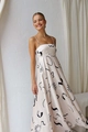 Chic satin backless dress with bohemian prints and high waist silhouette in cream white - S / Champagne