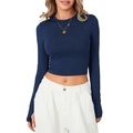 Slim fit navy blue long sleeve crop top with thumb holes and round neckline - Blue