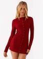 Macro shot of vertical ribbed texture and matching buttons on a slim red knit dress - S / Burgundy