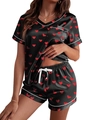 Detail of satin V-neck pajamas with red heart prints and white piping on black fabric - S / Top And Bottom / Black