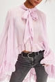 Detail of light purple chiffon blouse with pussy-bow tie and layered ruffle trims - S / Pink
