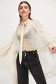 Detail of sheer ivory chiffon top featuring tie-neck and flare ruffle cuffs - S / Ivory