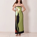 Detail of green floral abstract print on a strapless silk-feel cocktail maxi dress - S / Multicolor