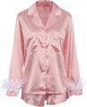 Detailed view of pink satin pajama set with luxury feather trim on the shirt sleeves - S / Top And Bottom / Pink