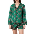 Groene satijnen damespyjamaset met rode strikjes, top met lange mouwen en korte broek - S / All-over Strikken Print (Groen)