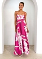 Detailed macro view of white floral print on magenta high-waist summer A-line dress - S / Top And Bottom / Rose Red