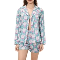 Women's light blue Christmas pajama set with long sleeve button shirt and shorts - Blue (Santa & Wreath Print)