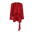 Dark red puff sleeve pleated mini dress with layered ruffle skirt for women - S / Top And Bottom / Burgundy