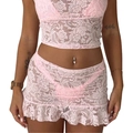 Two-piece pink lace set with cropped top and ruffled mini skirt for women - S / Top And Bottom / Pink