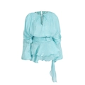 Light blue metallic puff sleeve wrap dress with ruffled hem and drawstring details - S / Top And Bottom / Lake Blue