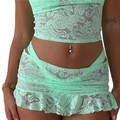 Mint green floral lace two-piece set featuring a cropped camisole and ruffled mini skirt - S / Top And Bottom / Light Green