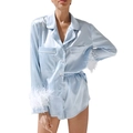 Detail of light blue satin pajama set featuring luxurious white feather cuffs and lapel - S / Top And Bottom / Blue