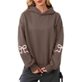 Brown oversized hoodie featuring pink ribbon bow embroidery on sleeves and soft fabric - Coffee